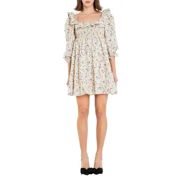 English Factory Dresses & Skirts - NWT! English Factory Square Neck Ruffle Minidress in Cream/Purple Size Small